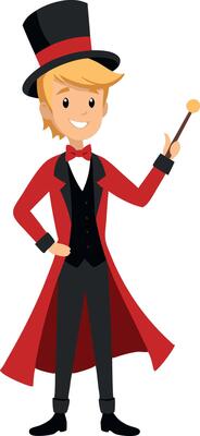 Cheerful cartoon magician character in red coat and top hat holding magic wand