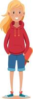 Cartoon girl in red hoodie and denim shorts with skateboard, smiling and happy vector