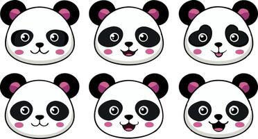 Set of six cute panda faces with various expressions, isolated on white background vector
