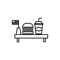 Burger Icon with Coffee and American Flag on the table. Editable stroke.linear style sign for use in web design and mobile apps, logo.Symbol illustration, pixel graphics. vector