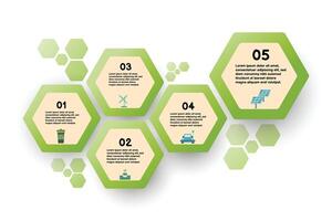 Infographic renewable energy template for energy consumption sustainable information presentation. hexagon and geometric elements. green modern workflow diagrams. Report plan 5 topics vector