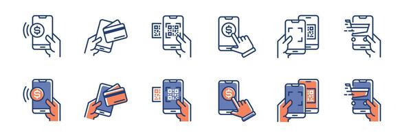 cashless mobile payment qr code icon set pos shopping smartphone secure money transfer symbol illustration vector