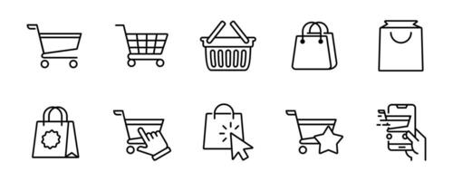 shopping bag icon set online purchase shopping cart trolley symbol outline style illustration design vector