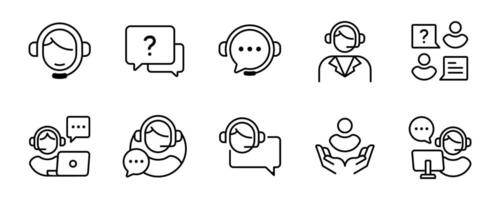 set of online support assistance icon collection customers service agent helping technical solution client symbol outline illustration vector