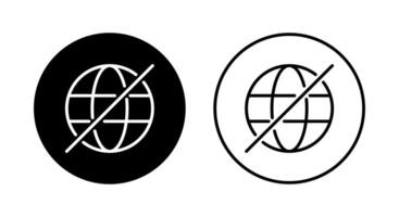 No internet, crossed out globe icon on black circle. Offline, network off concept vector
