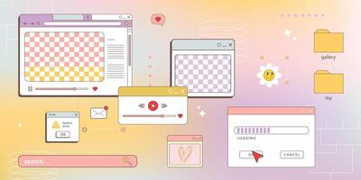 retro computer browser 90s vaporwave style with smile daisy flower. Retrowave pc desktop with 404 error message boxes and popup user interface elements vector
