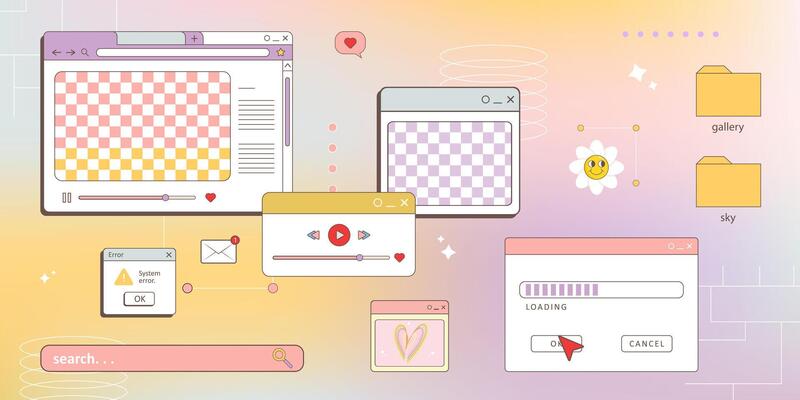 retro computer browser 90s vaporwave style with smile daisy flower. Retrowave pc desktop with 404 error message boxes and popup user interface elements