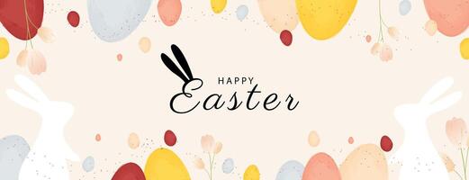 Happy Easter banner. Trendy Easter design with typography, eggs, bunny ears, in pastel colors. Modern minimal style. Horizontal poster, greeting card, header for website vector