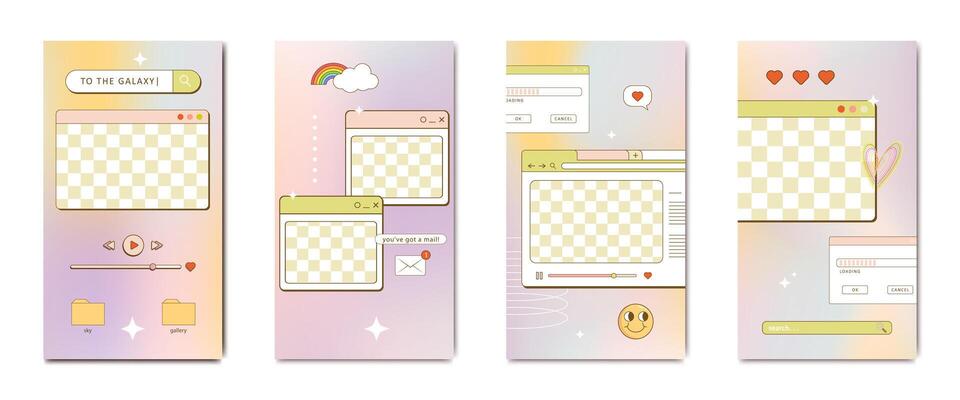 aesthetic 90s retro vaporwave post and story template. Social media stories and posts with old nostalgic computer aesthetic ui elements