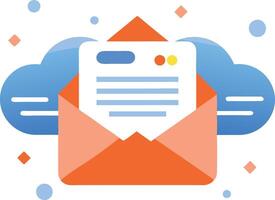 An orange envelope with a white background and a blue cloud in the background vector