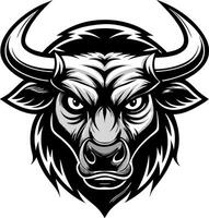 Powerful bull head illustration with fierce expression in black and white vector