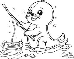 Seal with Fish Coloring Page for Kids and Fun vector