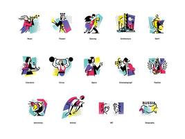 A set of icons on the theme of art forms. Music, choreography, singing, literature, theater, circus. Hobbies of creative people. Icons for the site, banner and print. Emblems, symbols. vector