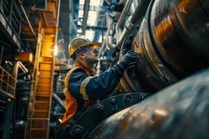 A man in a safety harness is working on a pipe photo