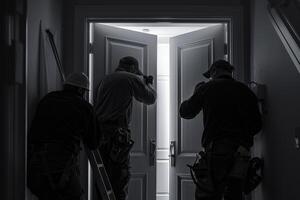 Three men are working on a door, one of them is wearing a hard hat photo