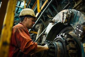 A man is working on a large machine with a lot of bolts photo