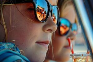 A woman wearing sunglasses with a red reflection on her face photo