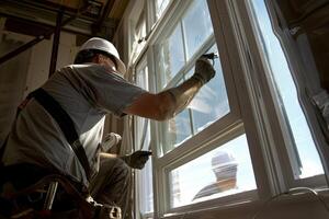 A man in a hard hat is painting a window photo
