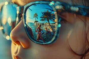 A woman wearing sunglasses with a red reflection on her face photo