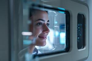 A woman is looking into a machine with a smile on her face photo