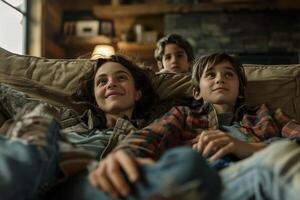 A family is sitting on a couch and watching a movie photo