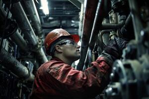 A man in a safety harness is working on a pipe photo