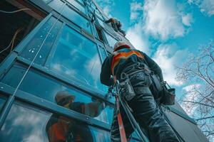 A man in a harness is working on a building photo