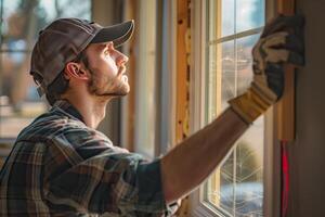 A man in a hard hat is painting a window photo
