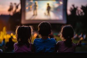 people are sitting in lawn chairs in front of a large screen photo