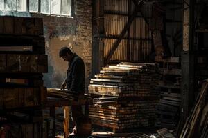 A man is working on a wooden table in a dimly lit room photo