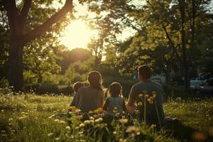 A family of four sits in a grassy field, enjoying the sun and the flowers photo