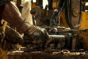 A man is working on a machine with dirty hands photo