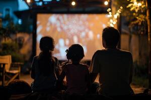 people are sitting in lawn chairs in front of a large screen photo