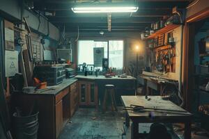 A dark room with a window and a workbench photo