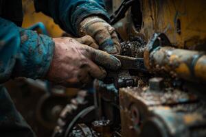 A man is working on a machine with dirty hands photo