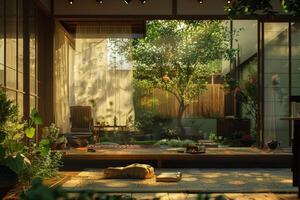 A serene and peaceful scene of a small garden with a tree and a bench photo