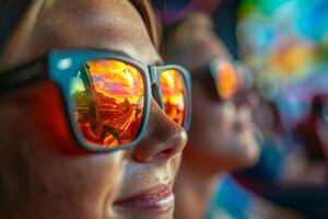 A woman wearing sunglasses with a red reflection on her face photo