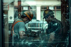 A man in a hard hat is painting a window photo