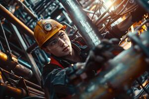 A man in a safety harness is working on a pipe photo