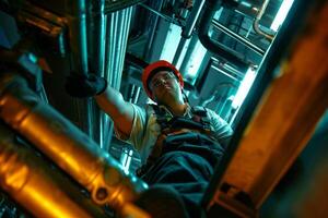 A man in a safety harness is working on a pipe photo