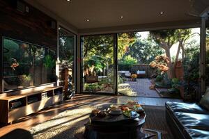 A living room with a large window that lets in a lot of natural light photo