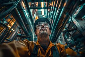 A man in a yellow jacket is looking up at a pipe photo