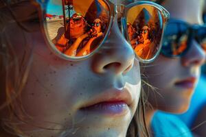 girl wearing sunglasses is looking at the camera photo