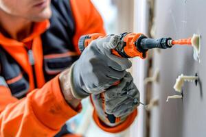 A man in an orange shirt is using a power drill to make a hole in a wall photo
