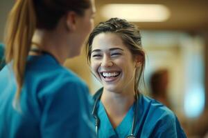 Two women in blue scrubs are smiling at each other photo