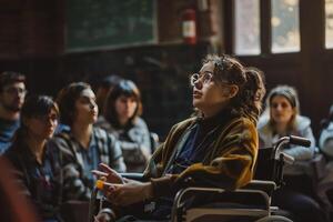A person in a wheelchair sits in a classroom with other students photo