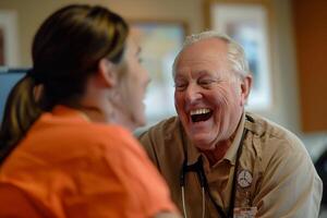 A man and a woman are laughing together photo