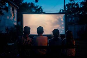 people are sitting in lawn chairs in front of a large screen photo
