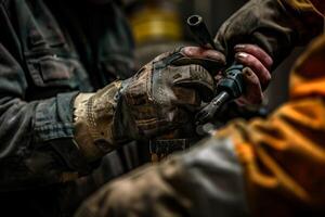 Two men are working on a project, one of them is wearing a dirty orange jacket photo
