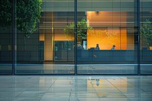 A window in a building with a tree outside photo